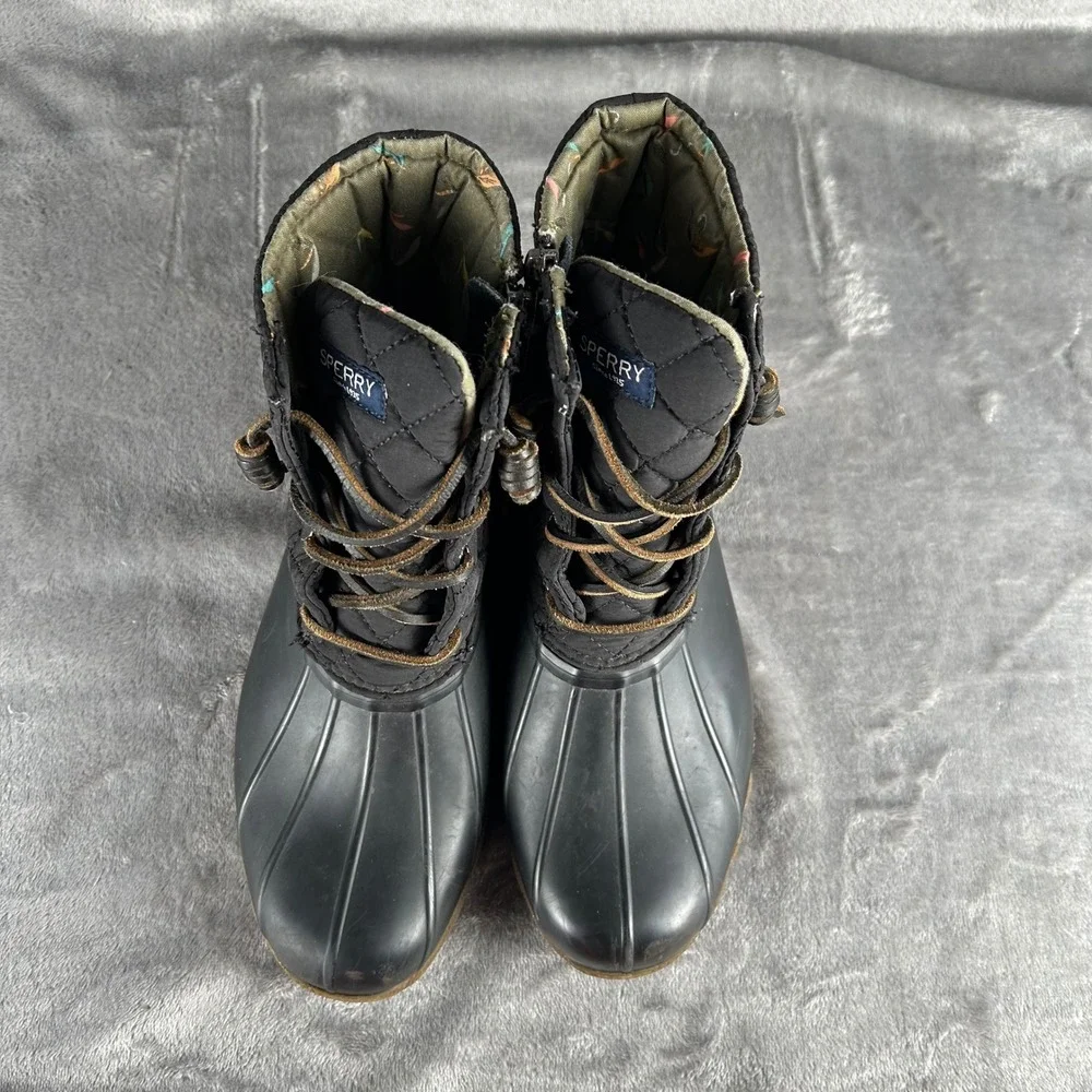 Sperry Saltwater Quilted Duck Boots Black Rubber Floral Lining STS94063 Size 8